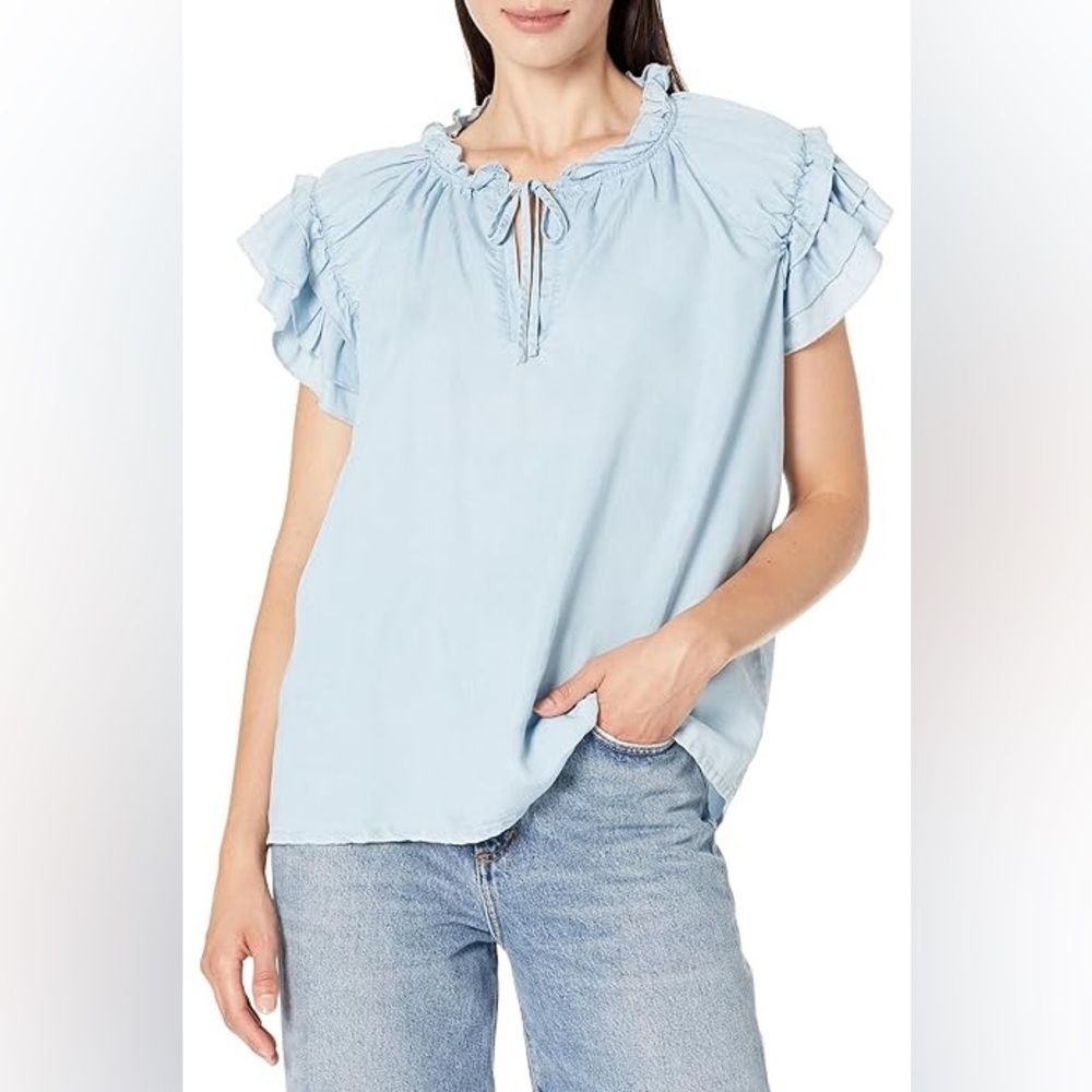 Karen Kane Blue Flutter Sleeve Blouse with Tie Front 100%Lynocell